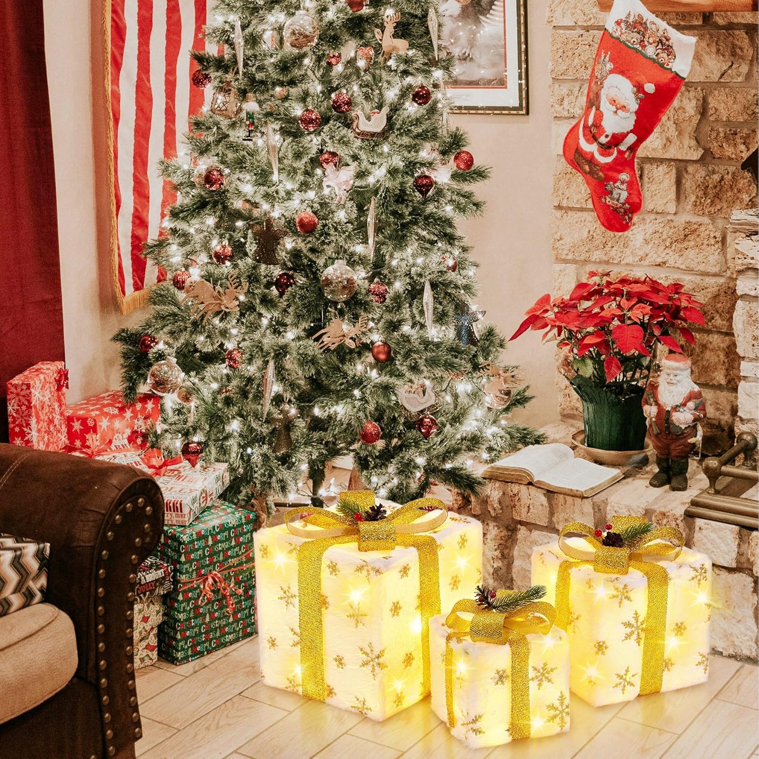 Set of 3 Christmas Lighted Gift Boxes, Plush Pre-lit 70 LED Light Up Present Boxes with Gold Snowflake, Battery Operated Christmas Decorations for Indoor Home, Housen Solutions